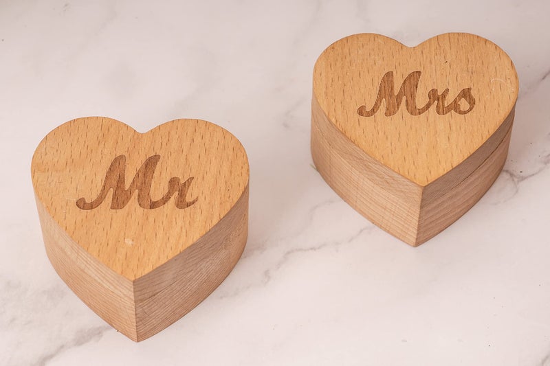 Strova Heart Shaped Wooden Ring Box for Wedding Rings â€“ Set of 2 with Engraved Mr. & Mrs. Lettering â€“ Ring Bearer Box for Display or Personal Organizer â€“ Protective Ring Cushions and Magnetic Closure - Image 5